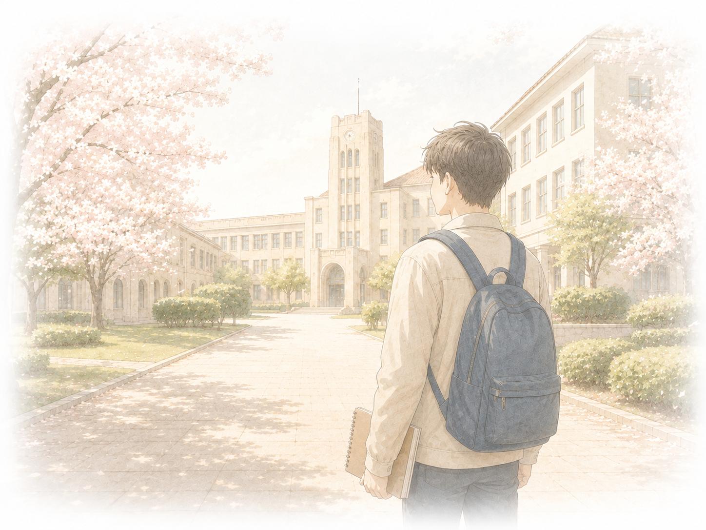 桜が咲く大学キャンパスを思い描く学生
